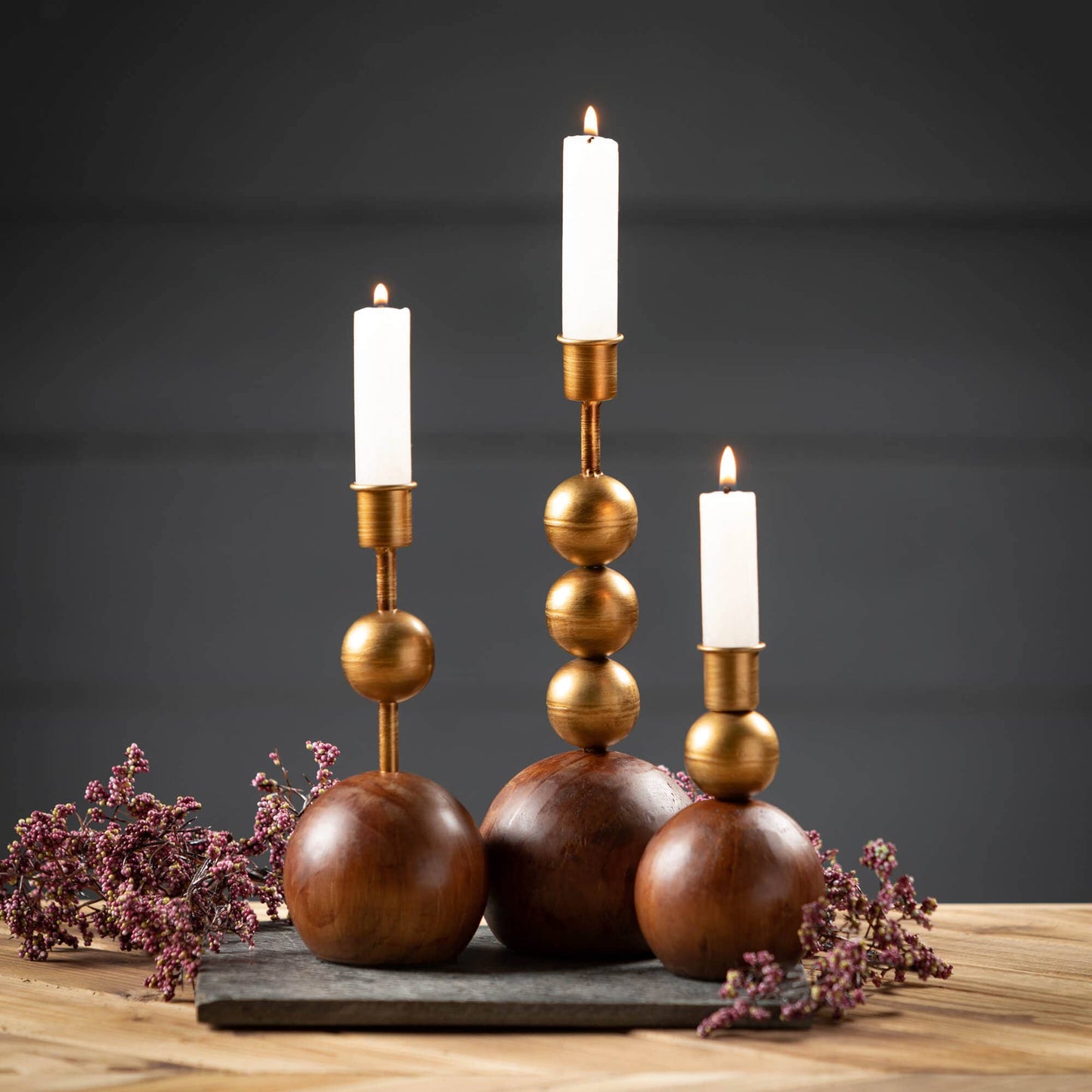 Gold & Wood Orb Candleholders